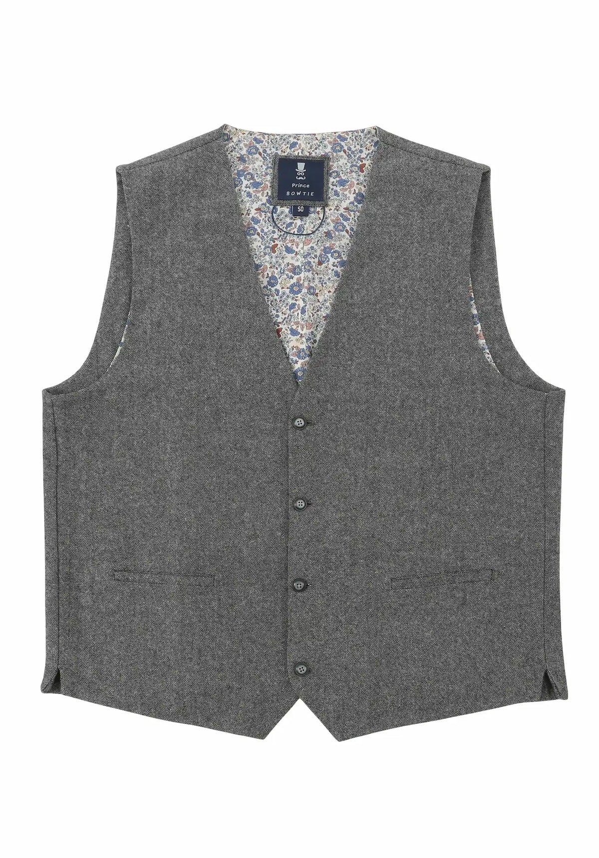 (Grau) Weste Herren Tweed – Frontalansicht mit Knopfleiste und Paspeltaschen