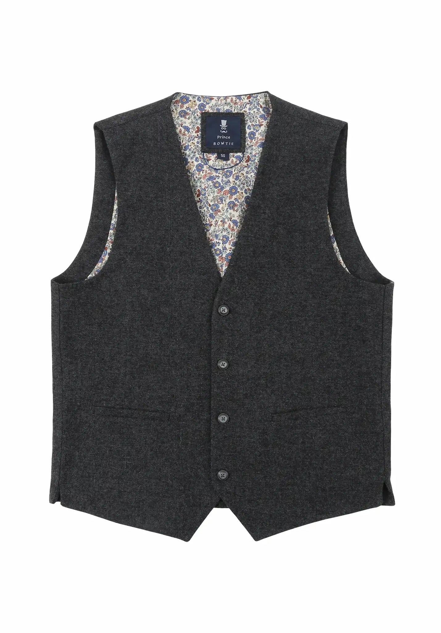 (Anthrazit) Weste Herren Tweed – Frontalansicht mit Knopfleiste und Paspeltaschen
