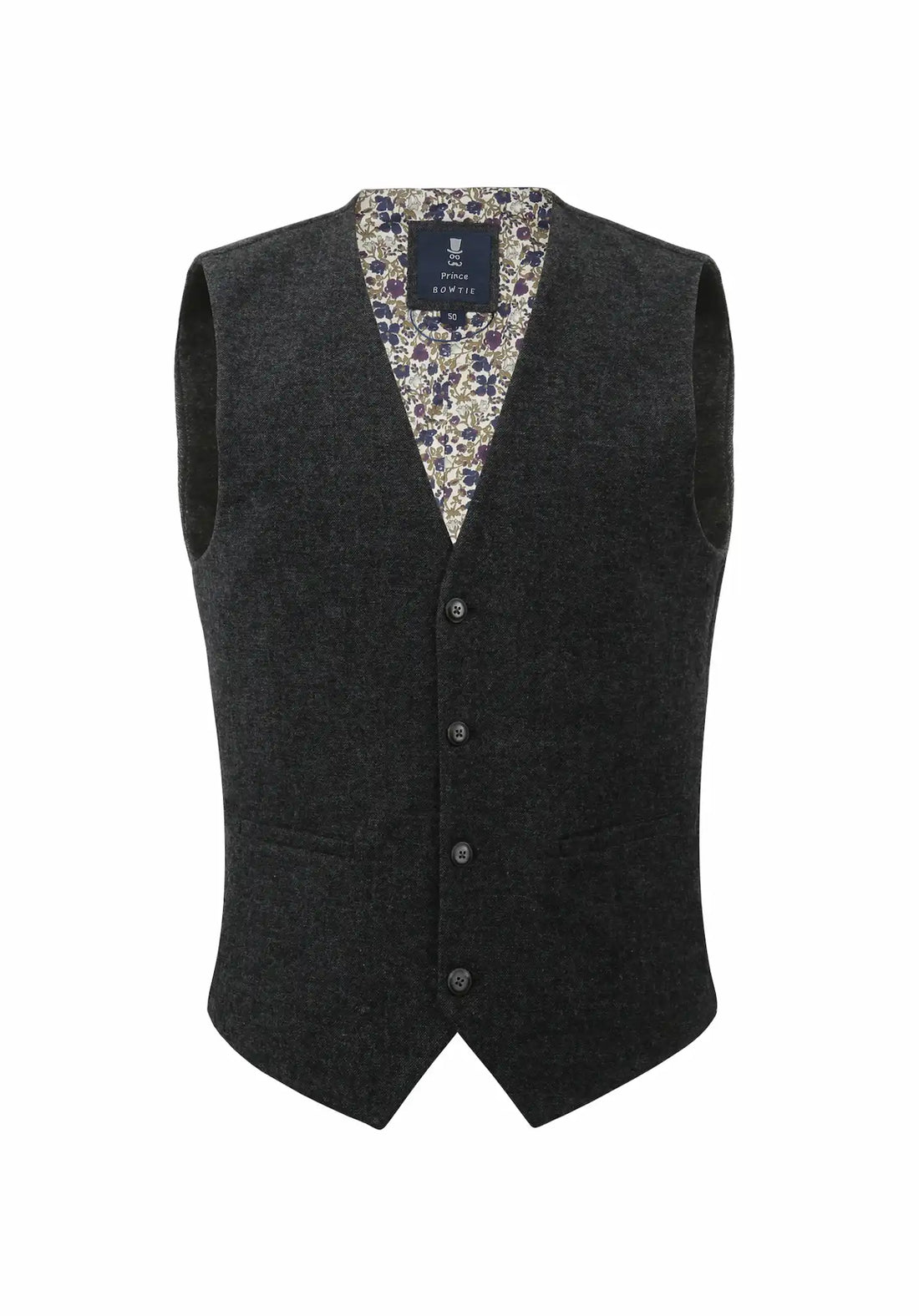 (Anthrazit) Weste Herren Tweed Wolle – Frontalansicht mit floralem Innenfutter