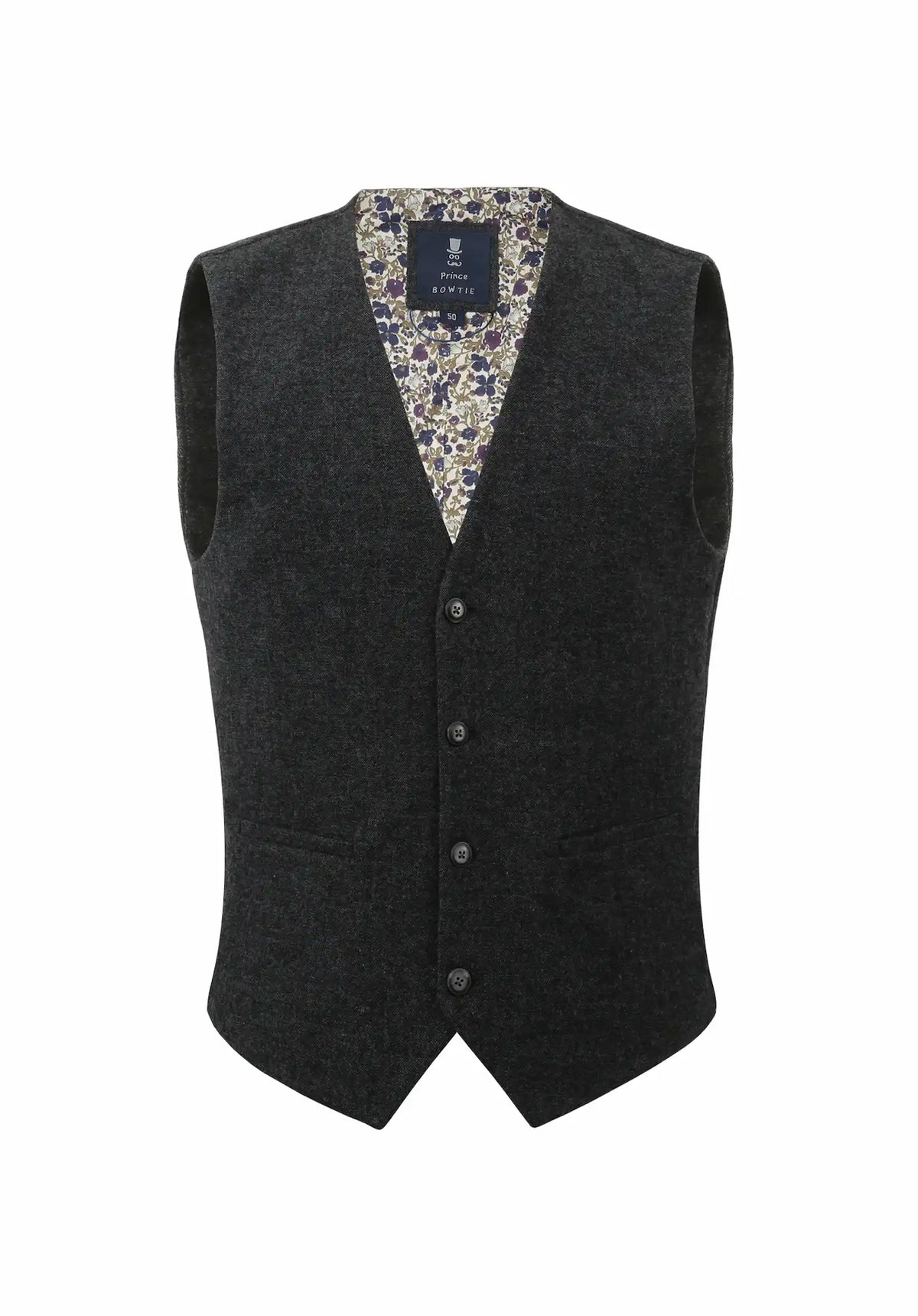 (Anthrazit) Weste Herren Tweed Wolle – Frontalansicht mit floralem Innenfutter