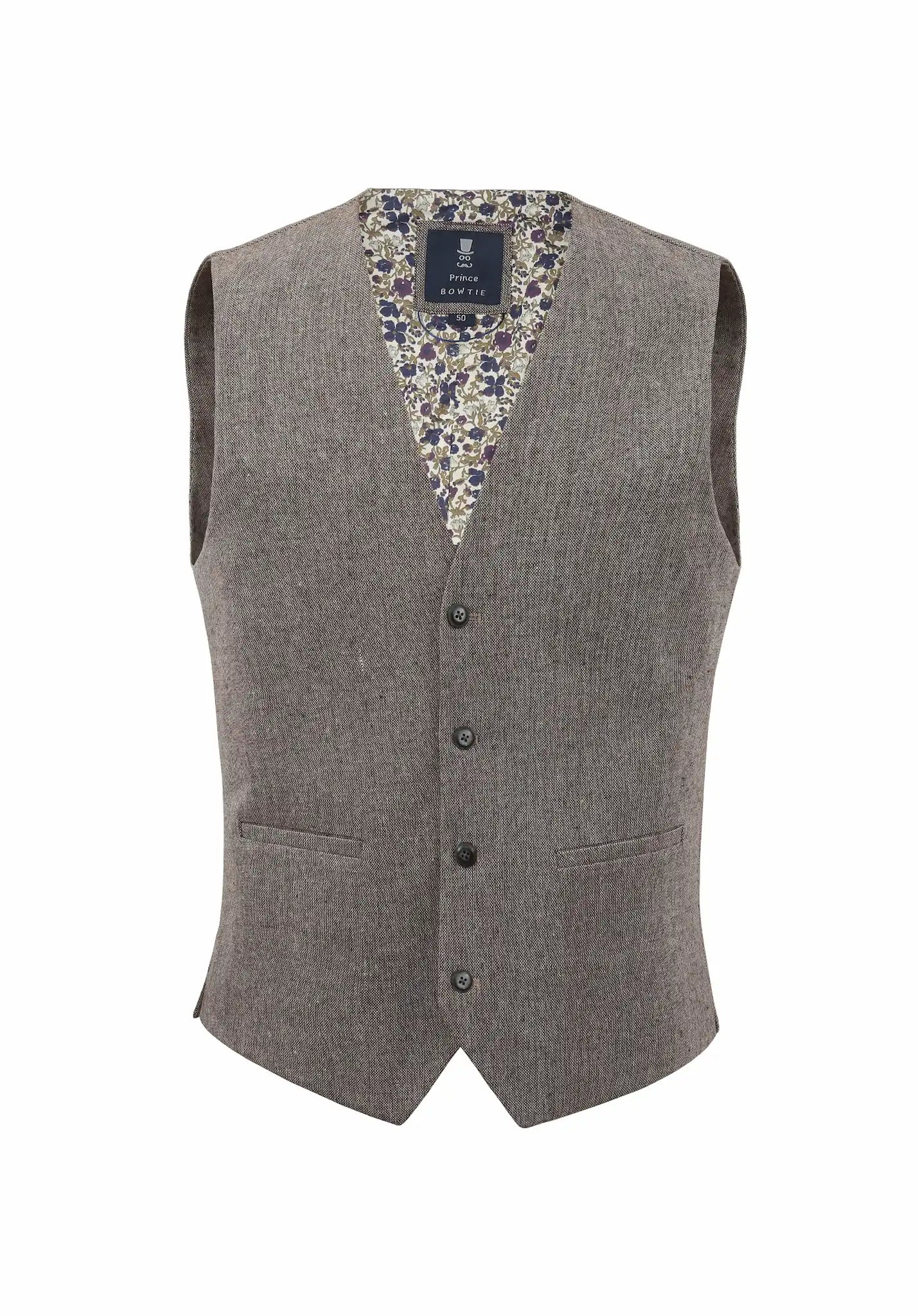 (Beige) Weste Herren Tweed Wolle – Frontalansicht mit floralem Innenfutter