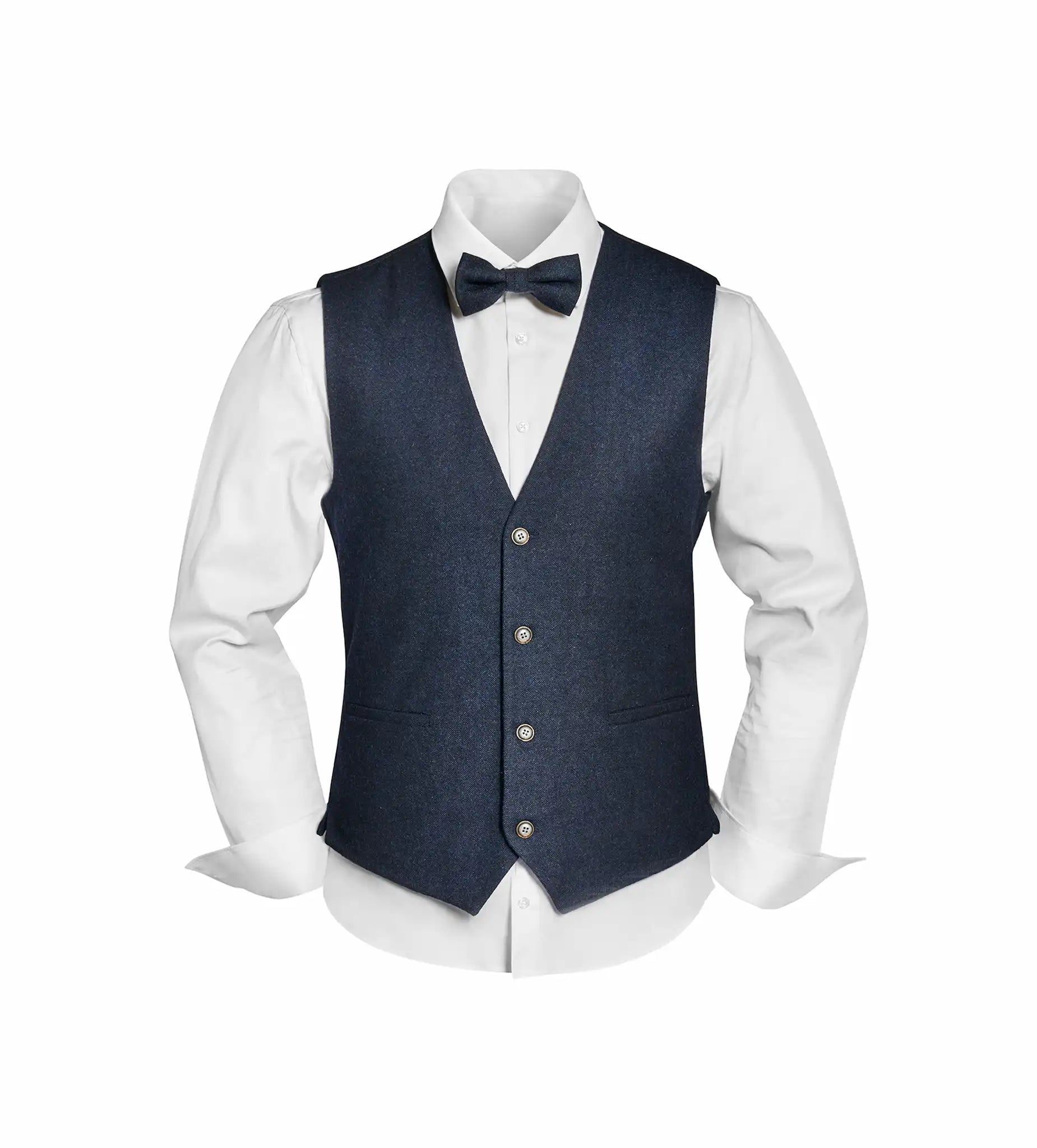 (Dunkelblau) Westen Set Herren Tweed mit Fliege – Outfit auf Mannequin mit weißem Hemd