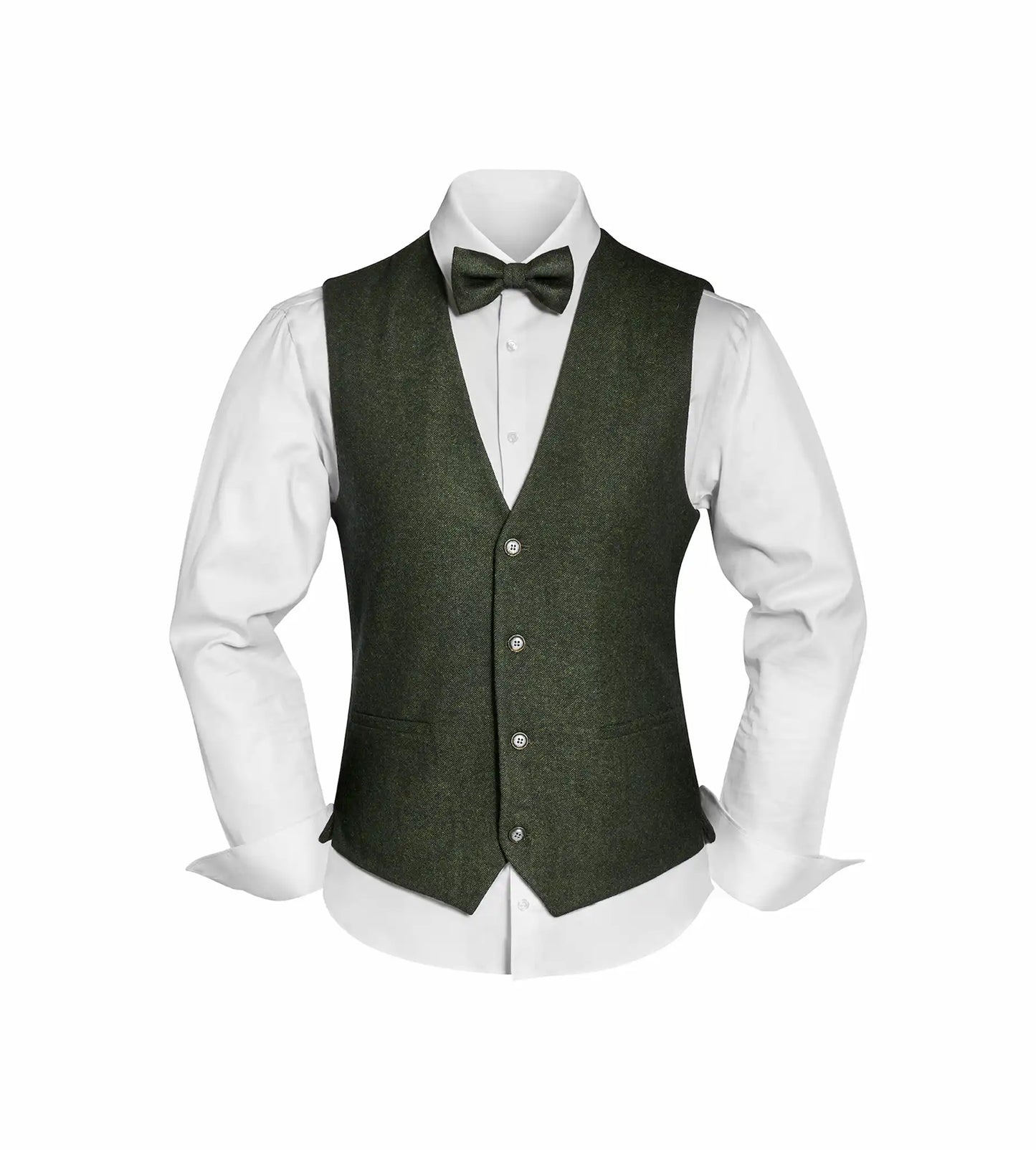 (Dunkelgrün) Westen Set Herren Tweed mit Fliege – Outfit auf Mannequin mit weißem Hemd
