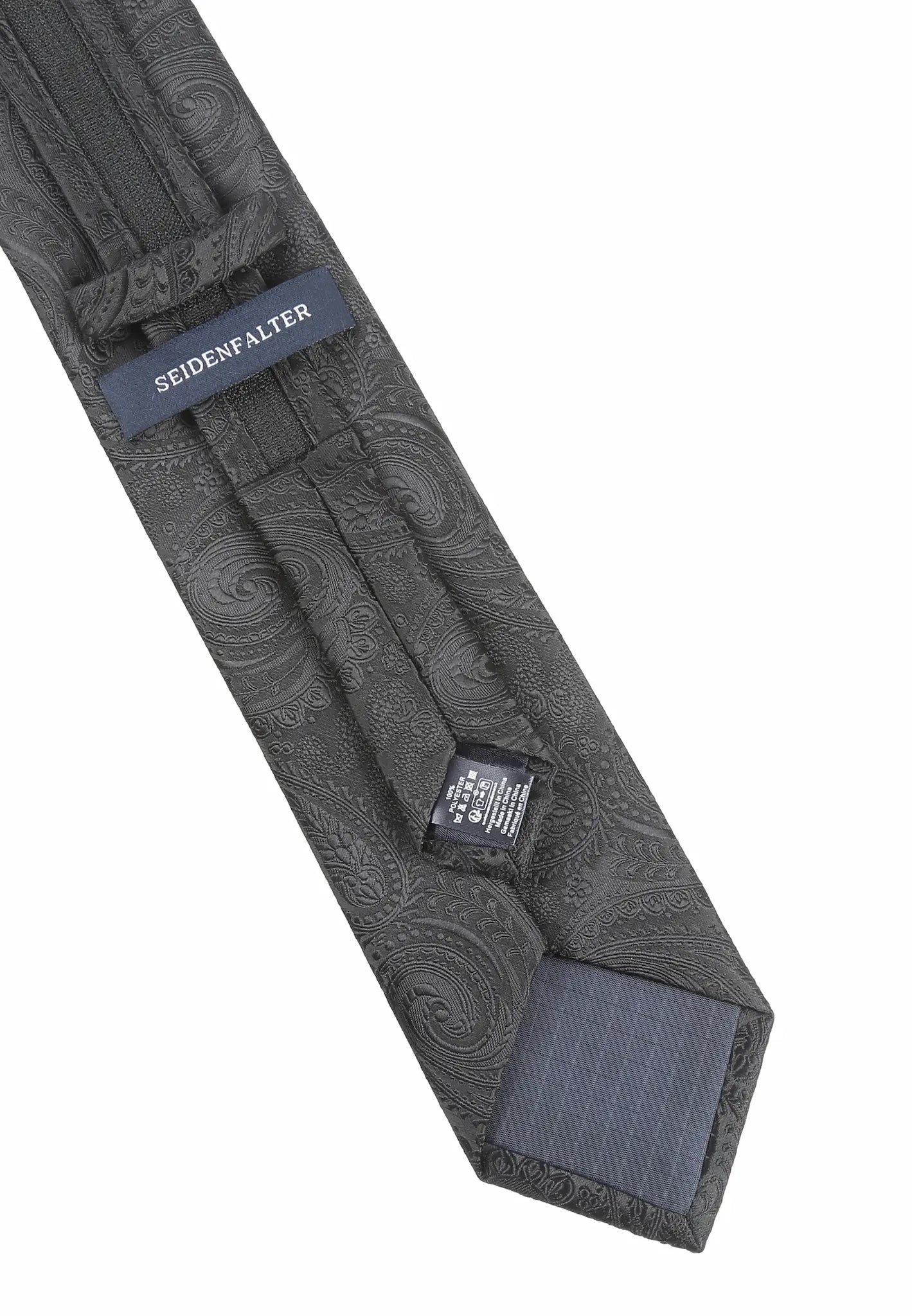 (Schwarz Paisley) Rückseite der Zip-Trauerkrawatte mit Reißverschluss und Schlaufe, vorgebunden und verstellbar