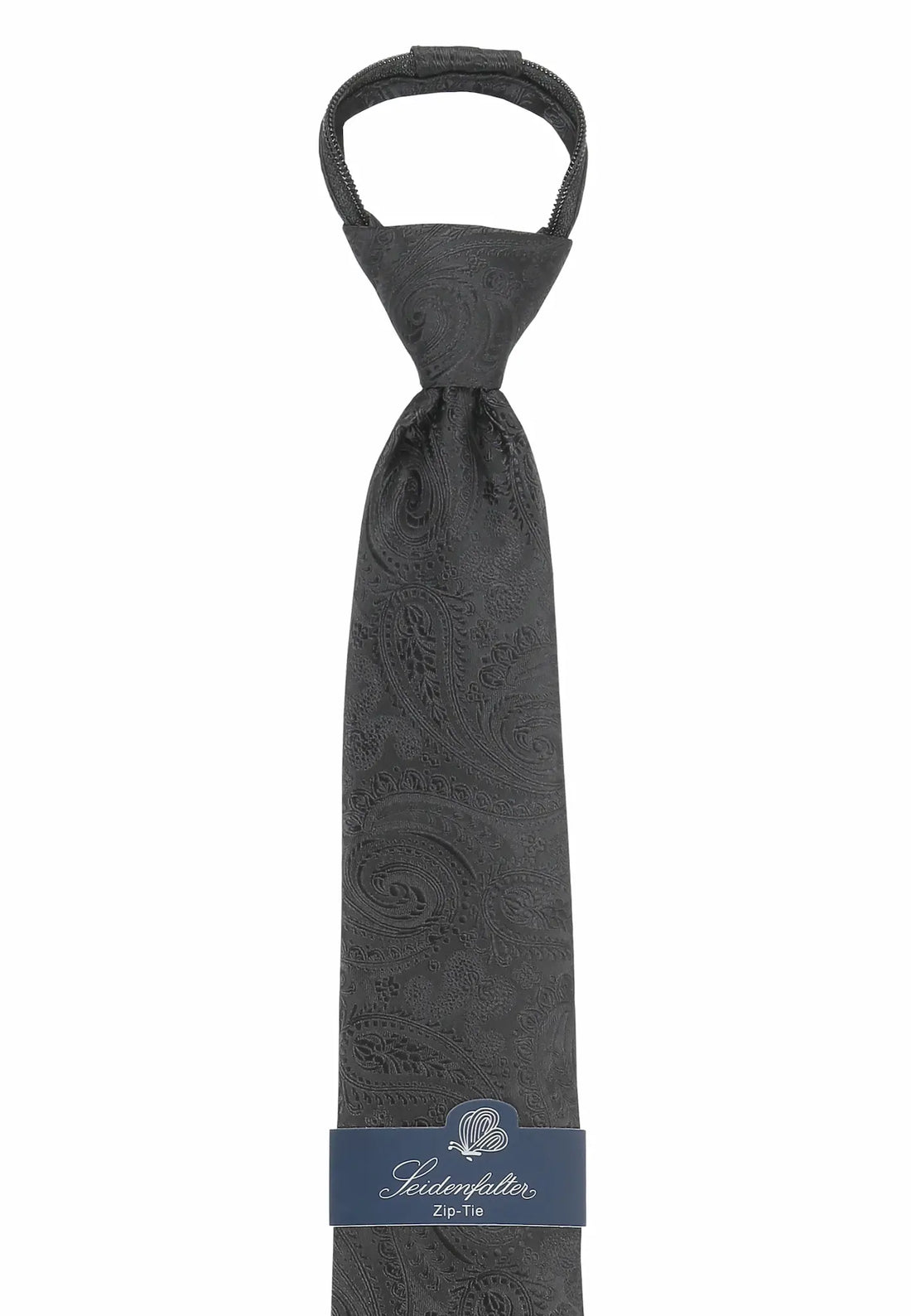 (Schwarz Paisley) Detail Knoten der Zip-Trauerkrawatte, vorgebundenes Design in Schwarz mit Paisley-Muster