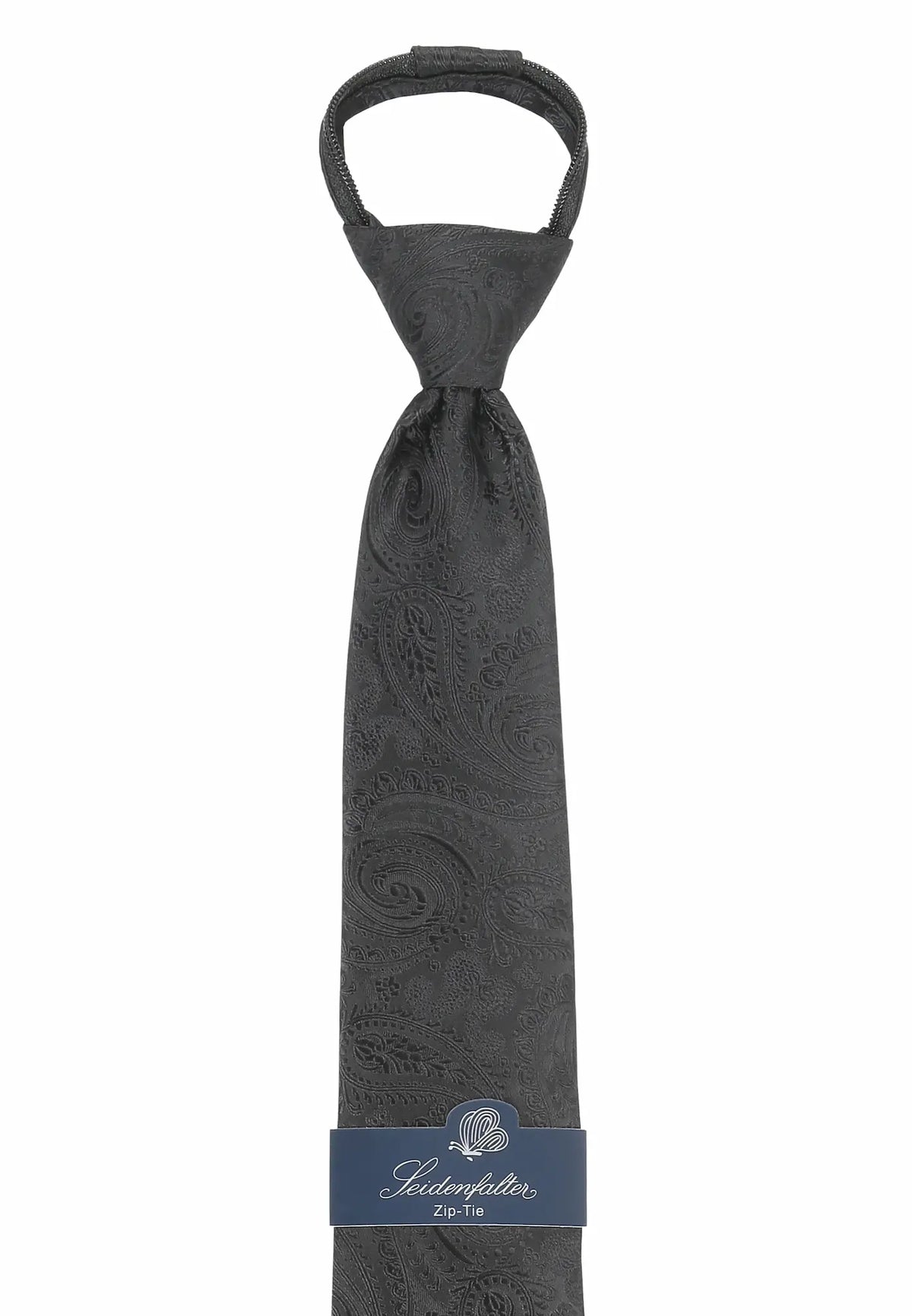 (Schwarz Paisley) Detail Knoten der Zip-Trauerkrawatte, vorgebundenes Design in Schwarz mit Paisley-Muster
