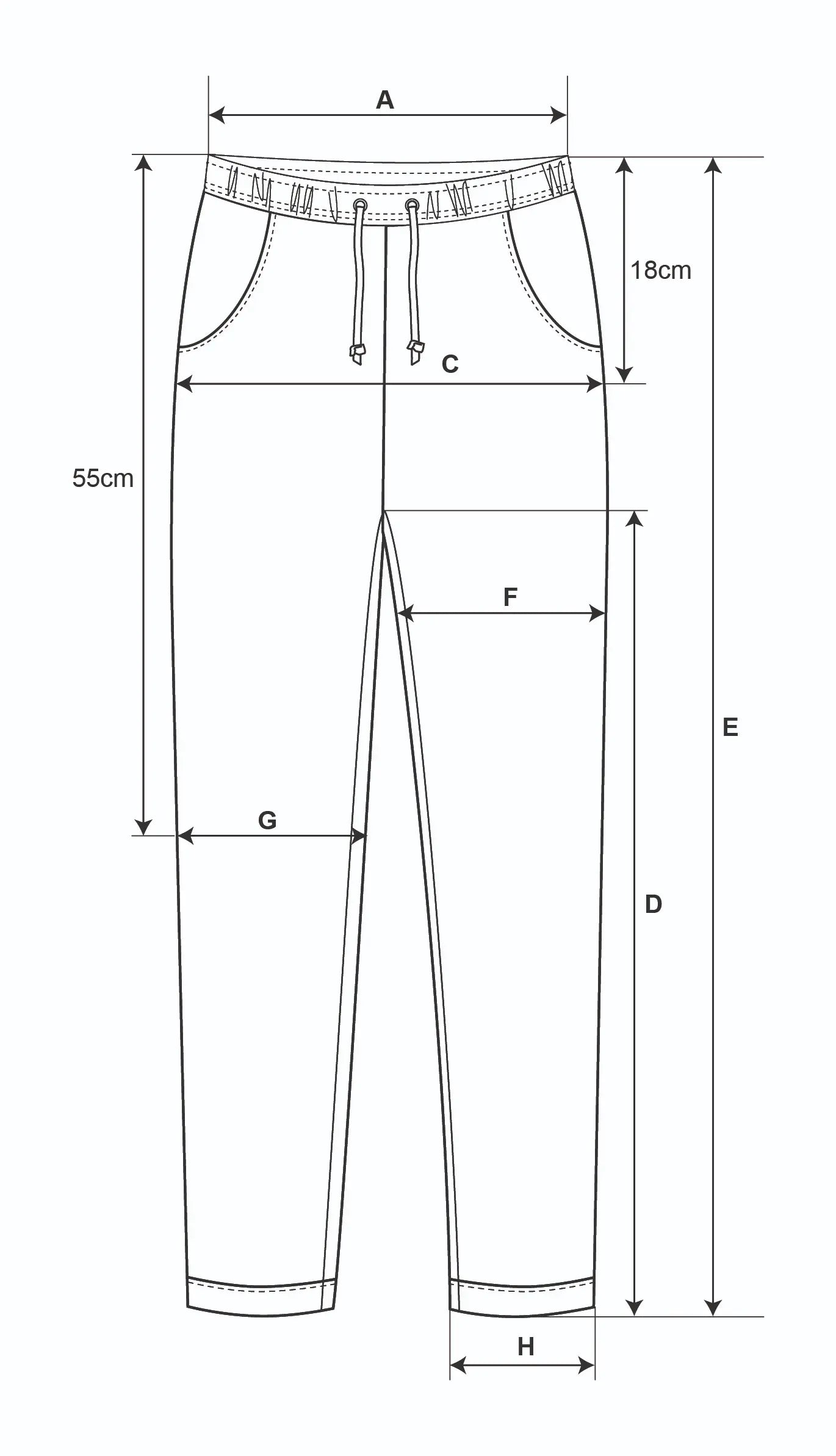 Größentabelle Herren Lounge-Hose mit Bemaßungspunkten A bis H für Bundweite, Hüftumfang, Außennaht, Schrittlänge, Oberschenkel, Knie und Beinöffnung