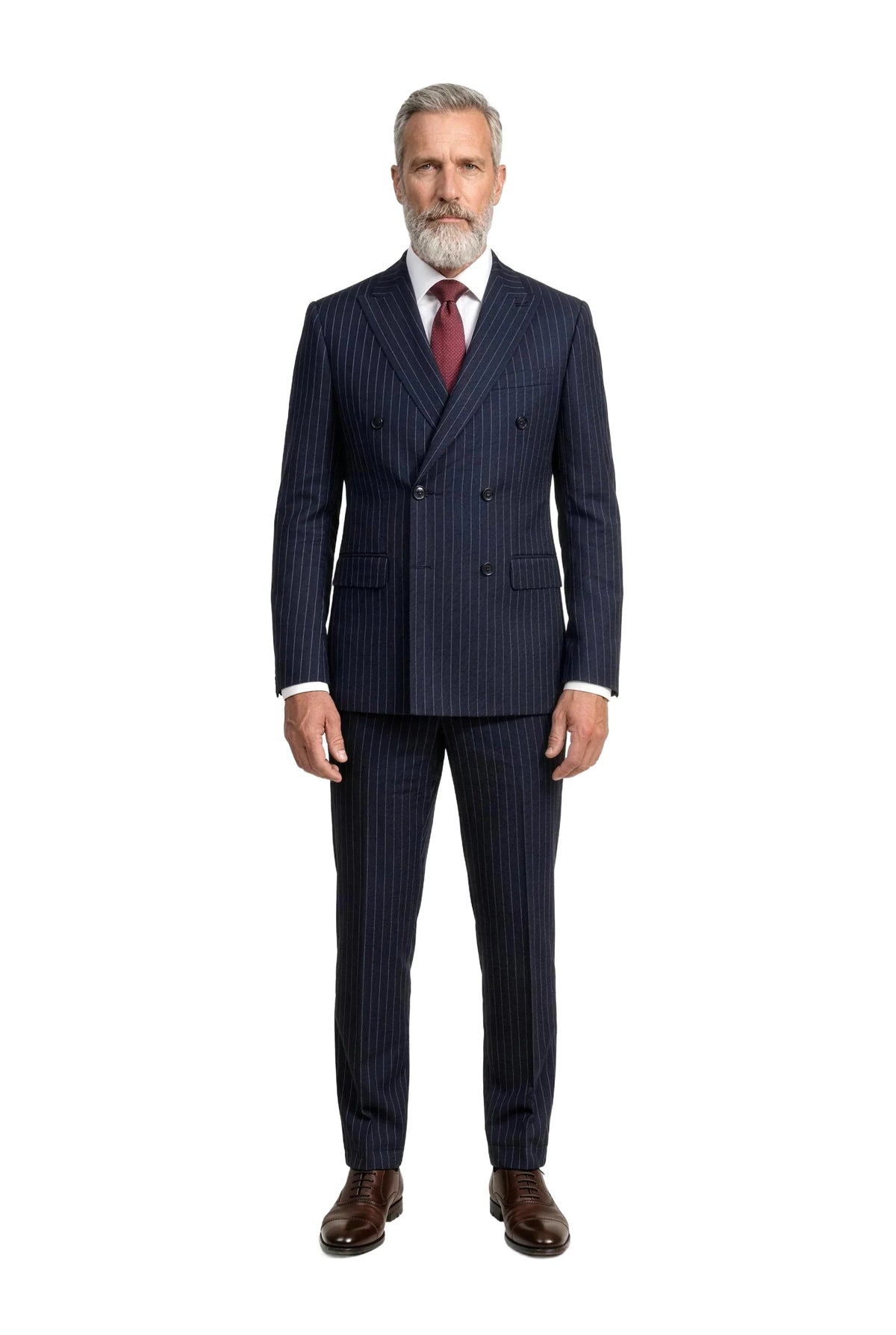 (Bordeaux) seidenkrawatte herren picote überlänge getragen ganzkörper look mit nadelstreifen zweireiher
