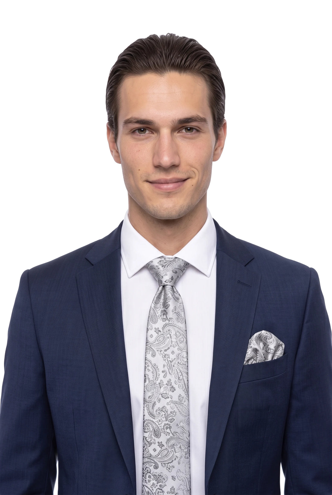 (Silber) hochzeitskrawatte einstecktuch set floral getragen nahaufnahme